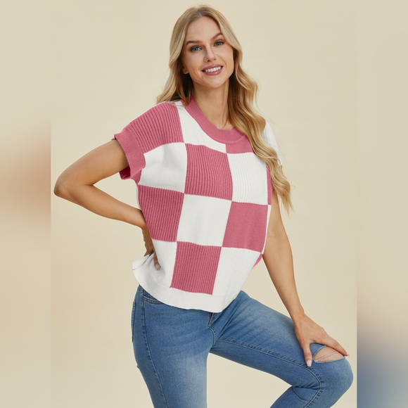 Double Take Full Size Checkered Round Neck Short Sleeve Sweater - Picture 3 of 7